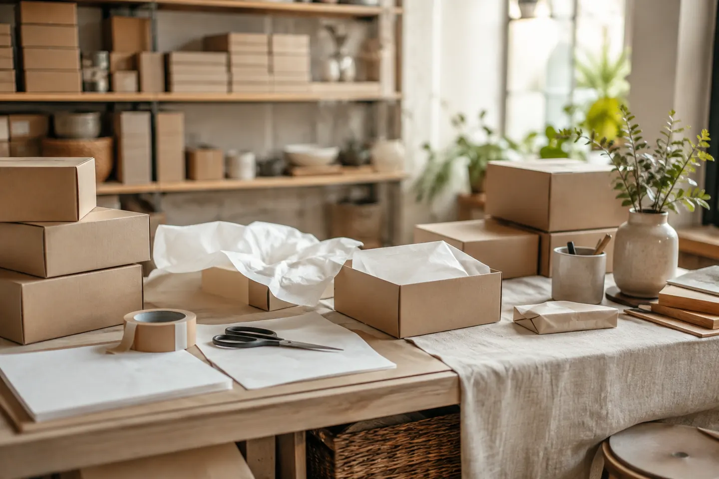 Cajas de cartón preparadas para enviar sobre una mesa de trabajo