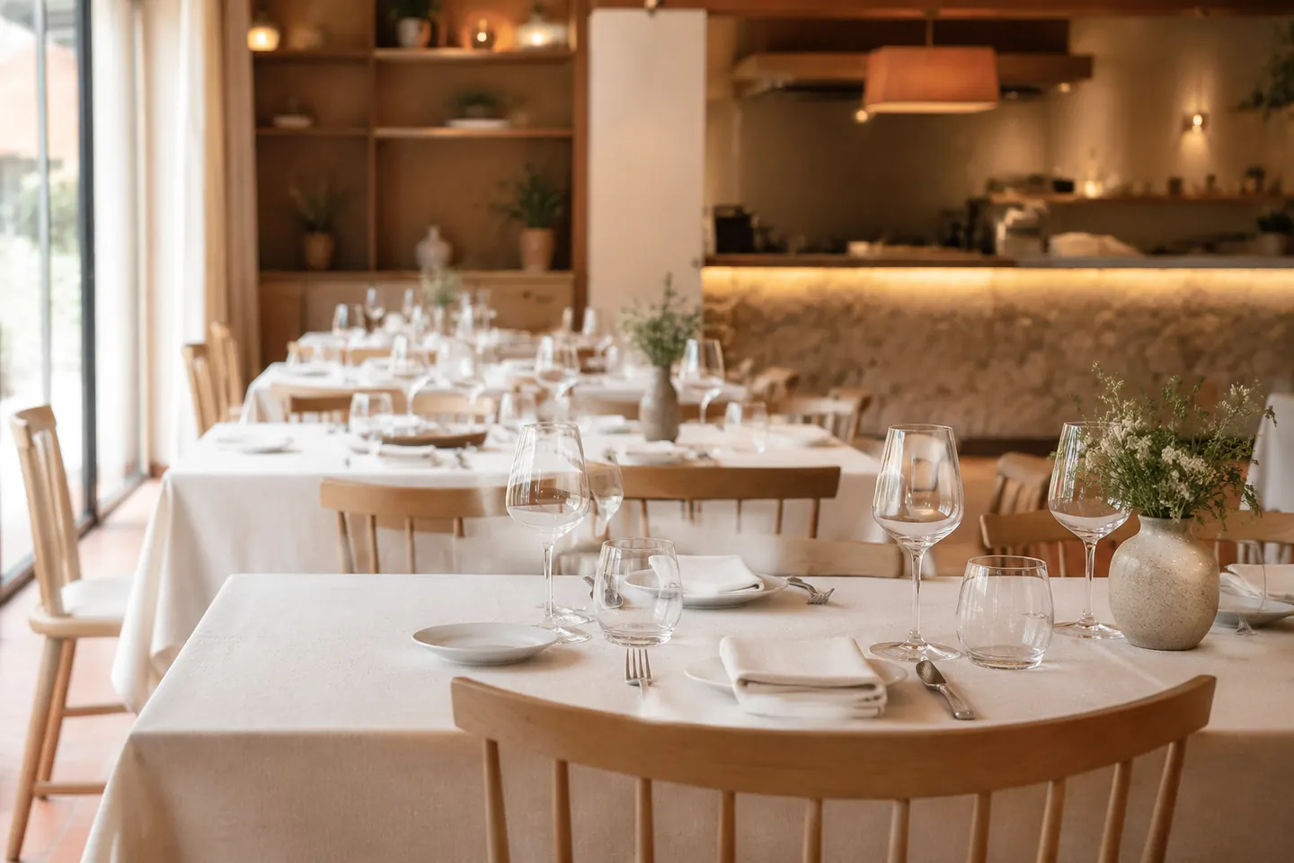 Comedor de un restaurante con las mesas puestas antes del servicio