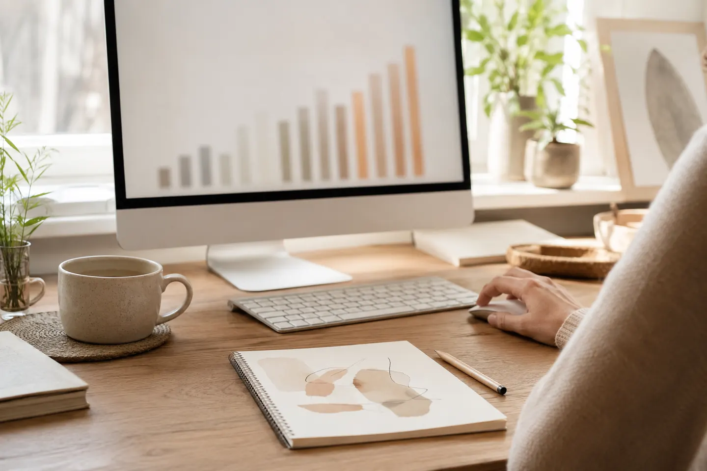 Escritorio con un monitor que muestra una gráfica de barras desenfocada