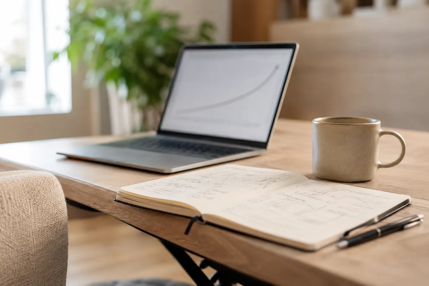 Escritorio de trabajo con portátil, cuaderno y café junto a una ventana