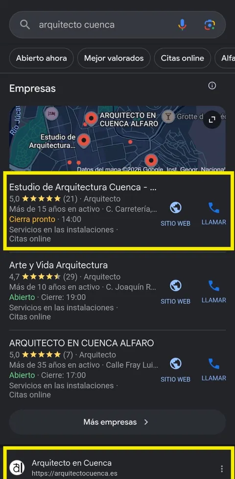 Resultados de Google para «arquitecto cuenca»: arquitectocuenca.es como primer resultado