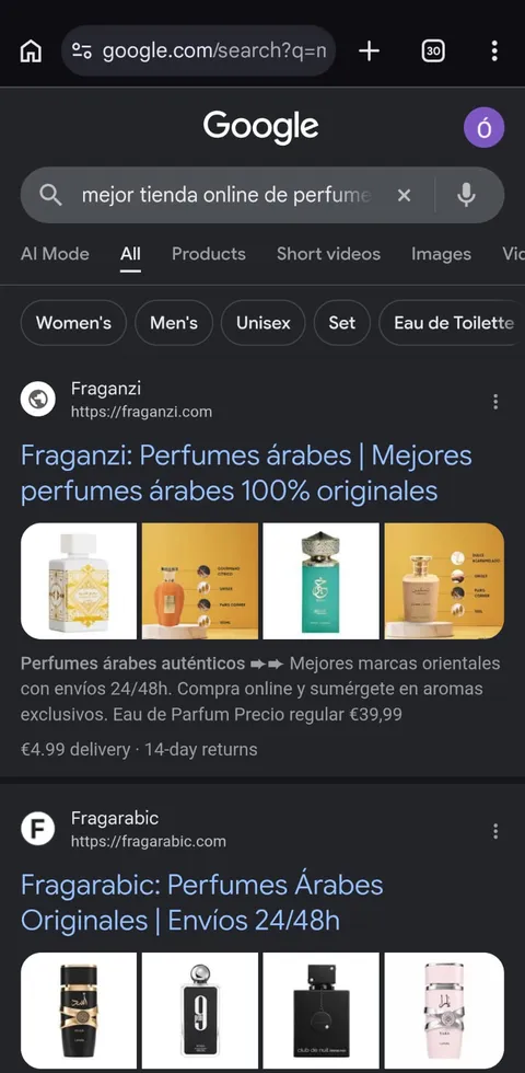 Resultados de Google para «mejor tienda online de perfumes árabes»: fraganzi.com la primera