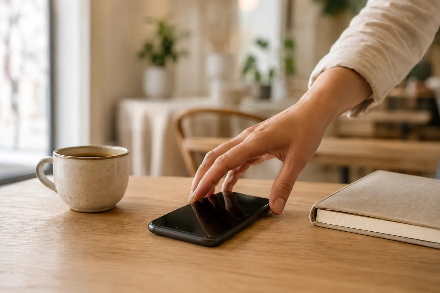 Una mano alcanza un teléfono móvil sobre una mesa con café y cuaderno