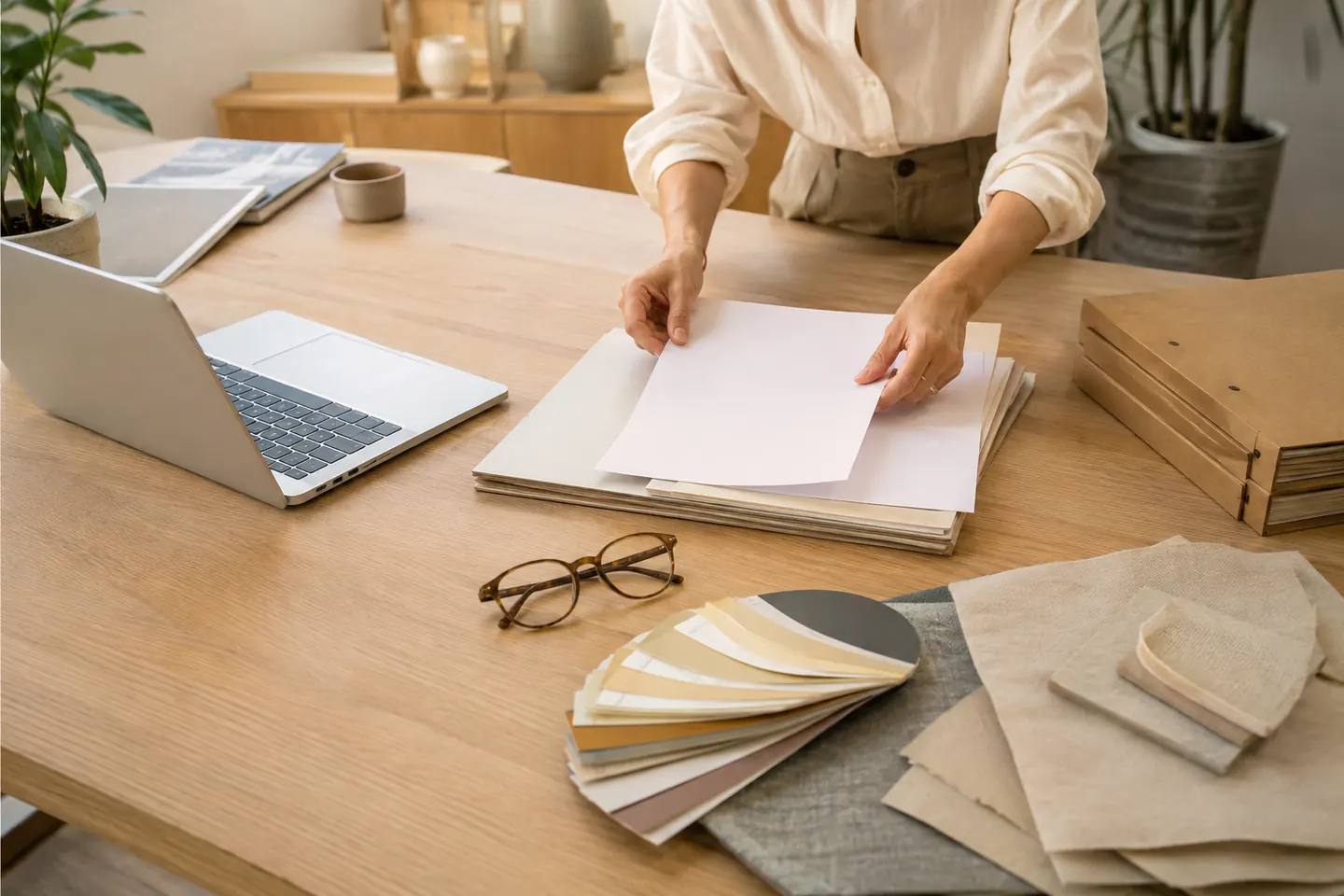 Mesa de trabajo de una agencia con portátil, carpetas y muestras de color