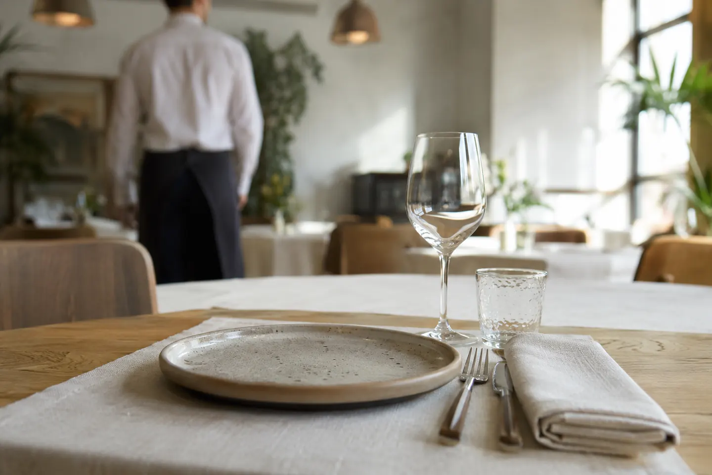 Mesa de restaurante puesta con detalle y un camarero al fondo