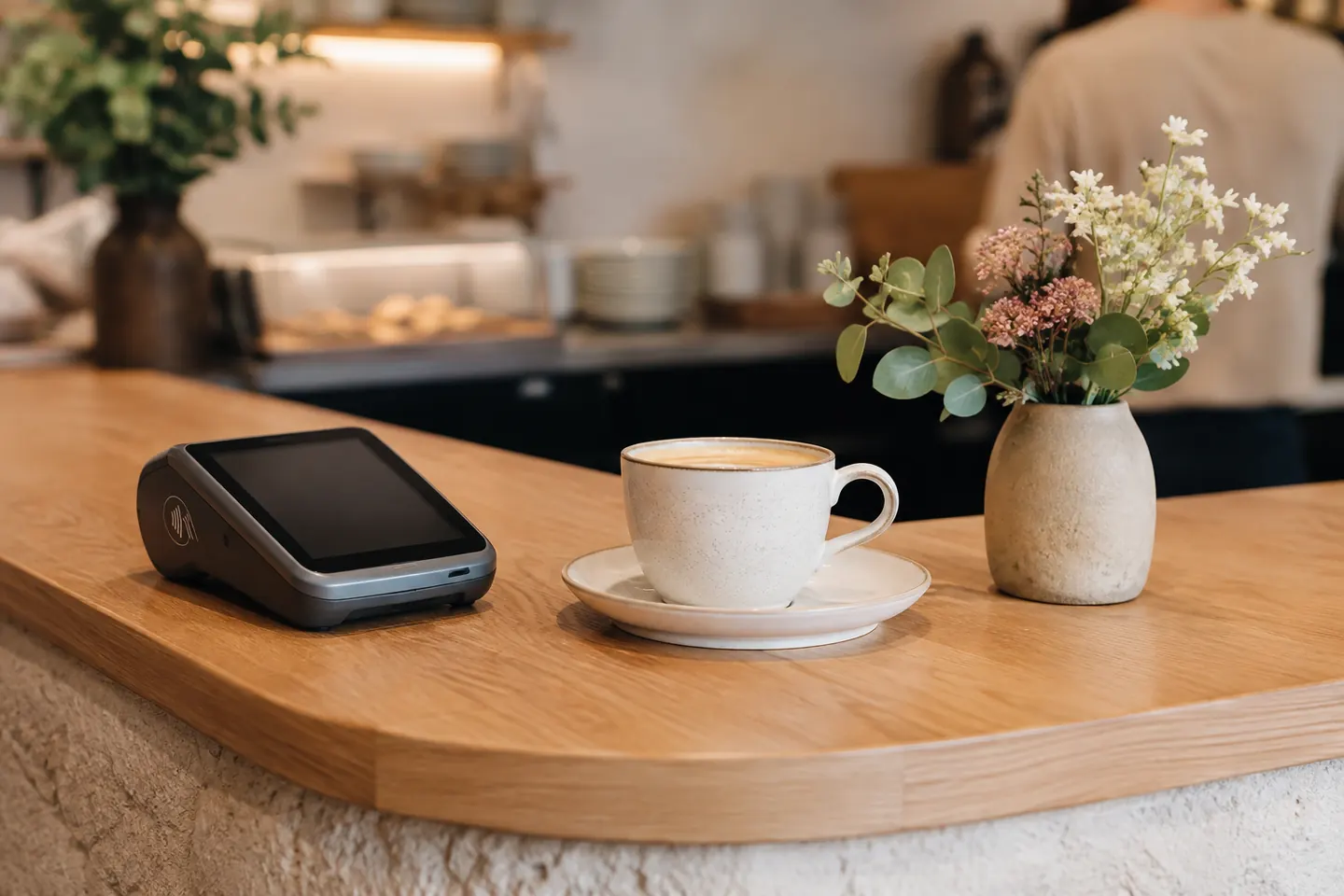 Mostrador de un negocio con terminal de pago y un café recién servido