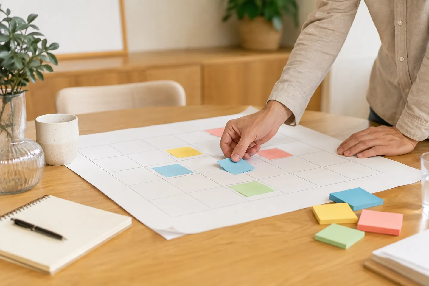 Manos colocando notas adhesivas de colores sobre un calendario en blanco
