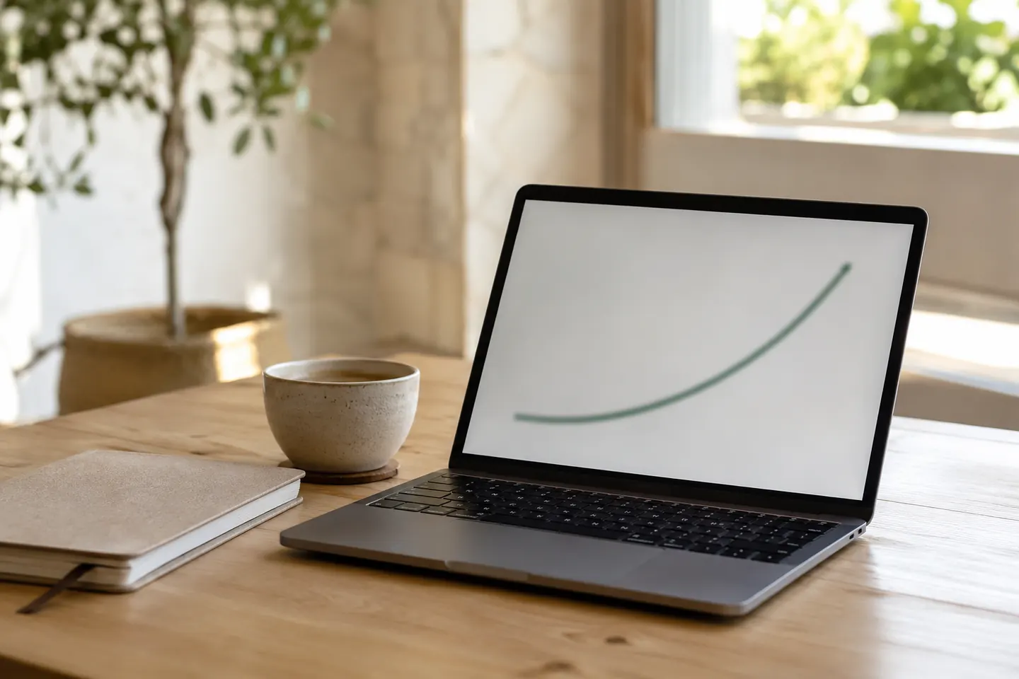 Portátil con una curva ascendente en pantalla junto a una ventana