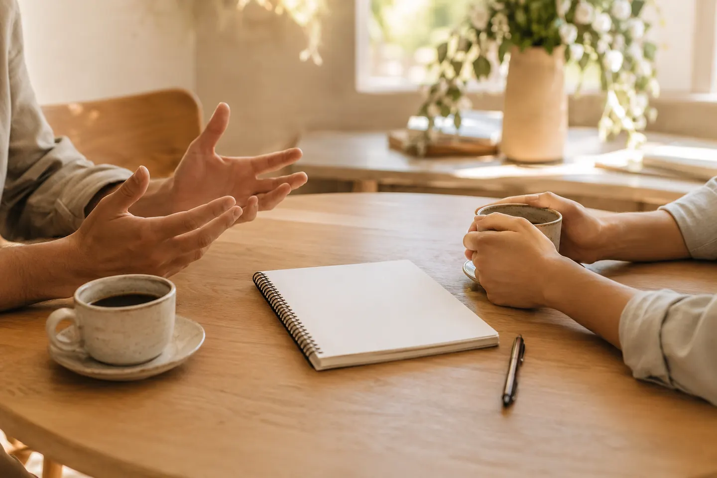 Dos personas conversan ante dos cafés y un cuaderno en una reunión de trabajo